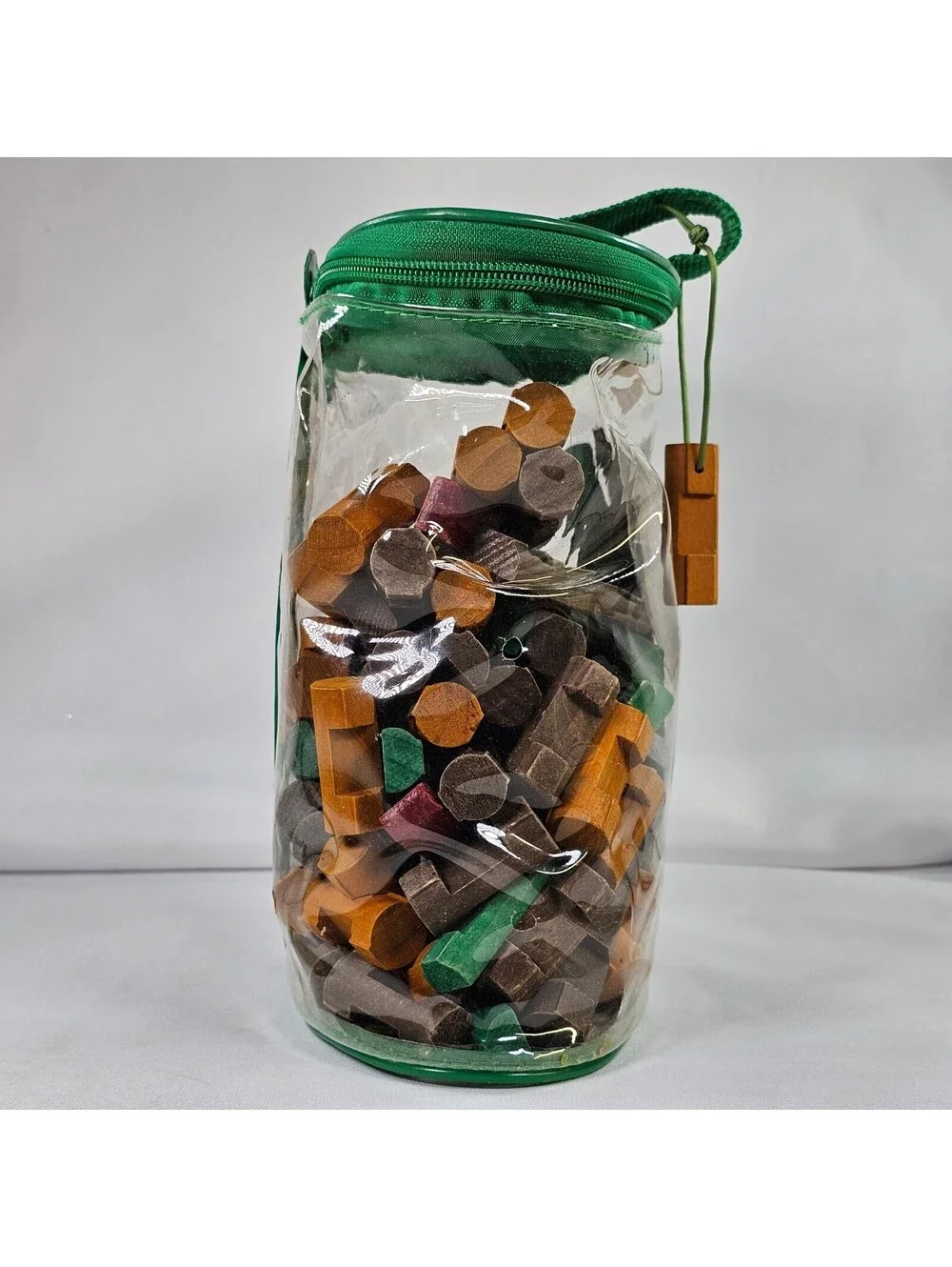 Vintage Lincoln Logs Red Wood Real Wood Building Logs Set in Clear Carrying Bag